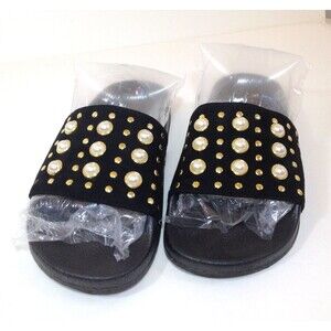 Mixit Pearl Embellished Sandals Slides Stylish Black W/ Gold Grommets Size 7